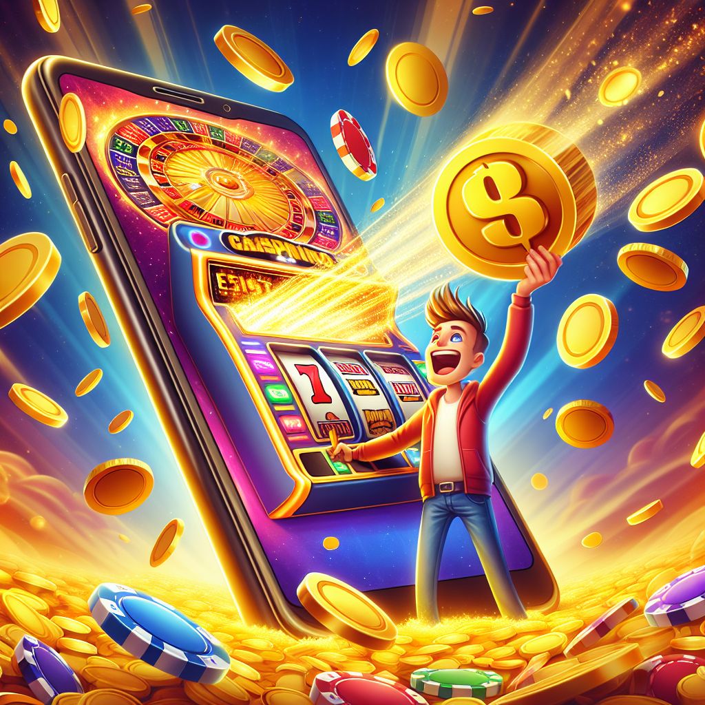 Bat444 App character holding smartphone with casino games and coins flying around