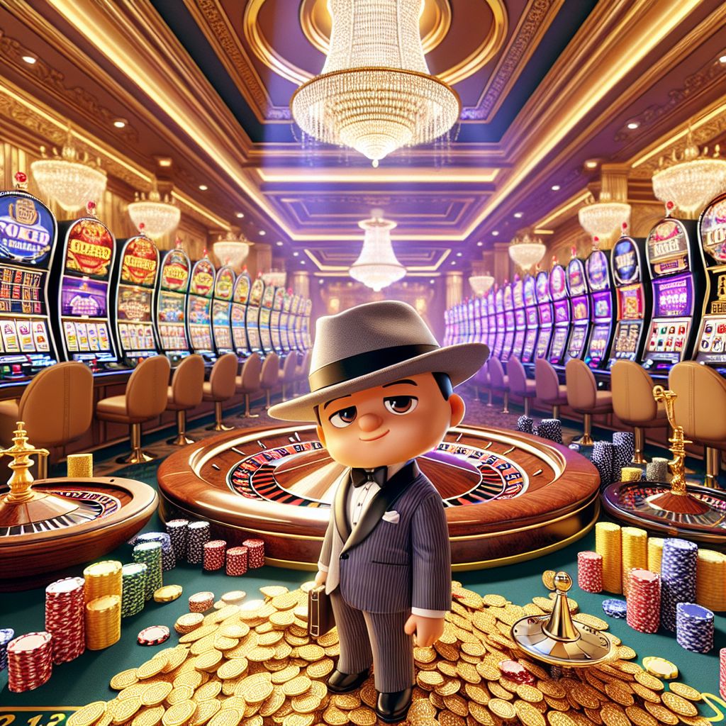 Bat444 Casino themed character surrounded by slot machines and casino chips