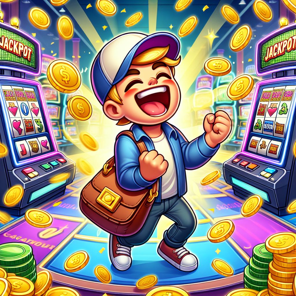 Bat444 cartoon character celebrating slot machine wins with golden coins